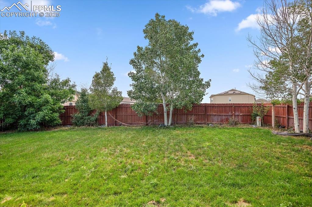 Image 5 of 35: View of fenced backyard