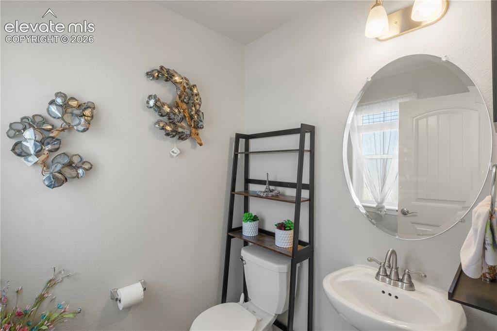 Image 4 of 38: Pedestal sink with dual-handle faucet, oval mirror, and wall-mounted vanity