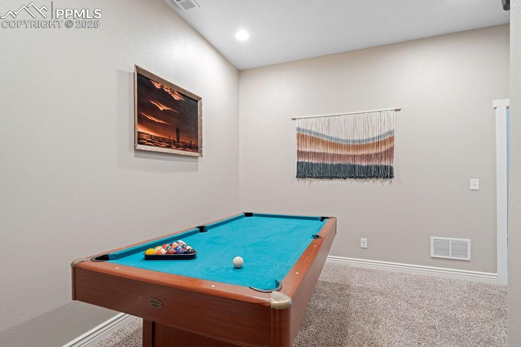 Image 40 of 50: Rec room with billiards, carpet floors, and recessed lighting