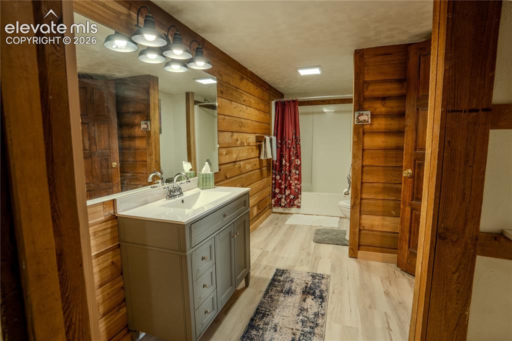 Image 18 of 40: Bathroom featuring wood-finish wall paneling, a single vanity with a light