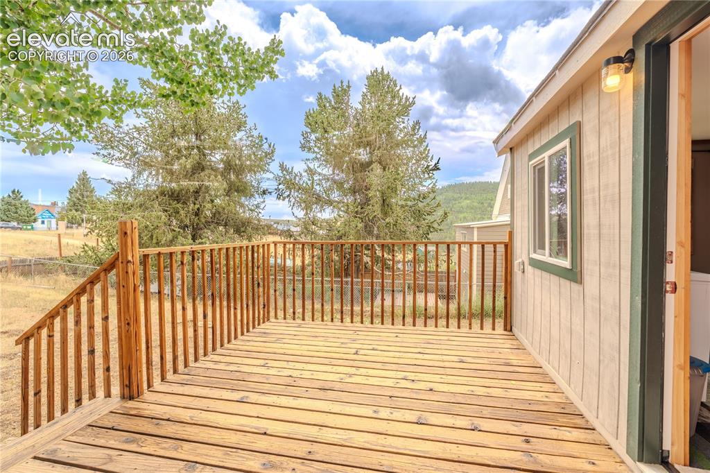Image 32 of 40: Wood-finish deck with wooden railings, featuring a single window with green