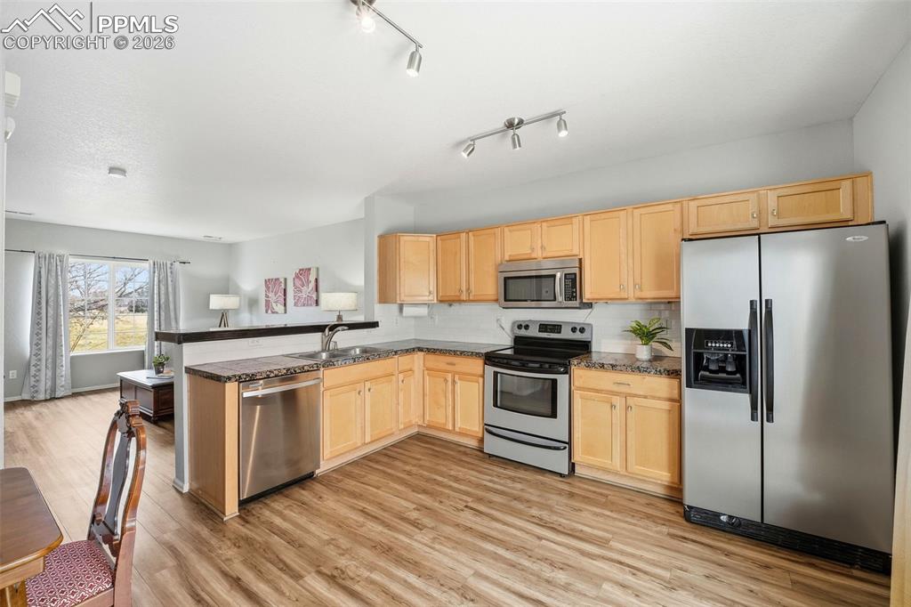 Image 13 of 44: Kitchen featuring stainless steel appliances, light wood cabinetry, and woo