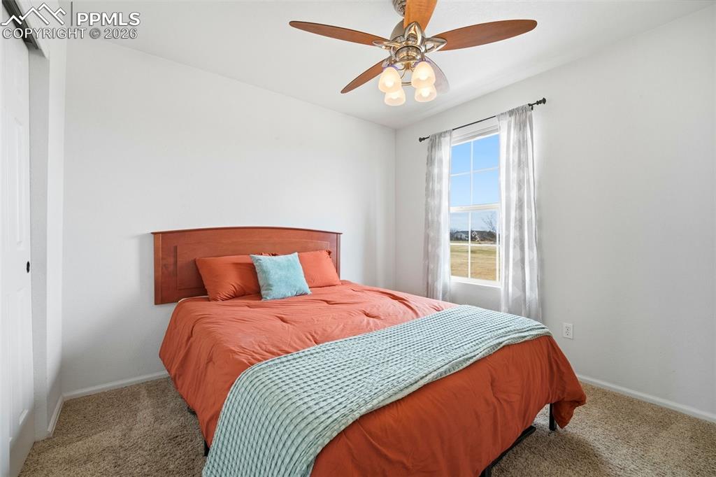 Image 19 of 44: Carpeted room featuring a white window frame, white walls, and a ceiling fa