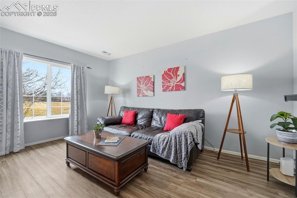 Image 7 of 44: Expansive window offering exterior views, light blue wall paint, wood-finis