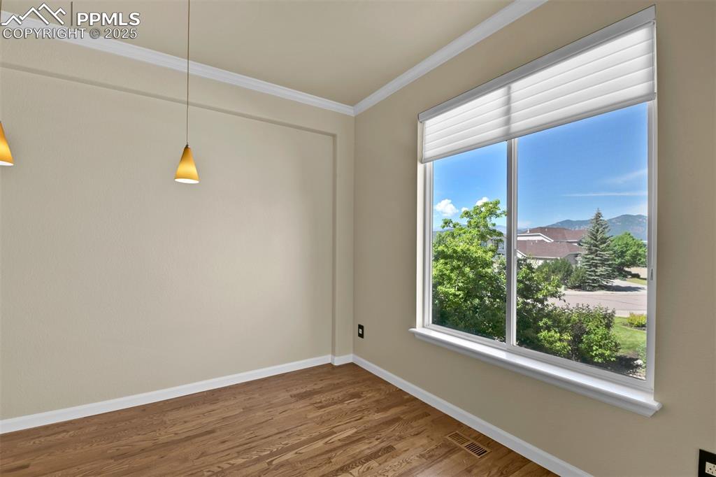 Image 22 of 50: Spare room with wood finished floors, ornamental molding, and a mountain vi