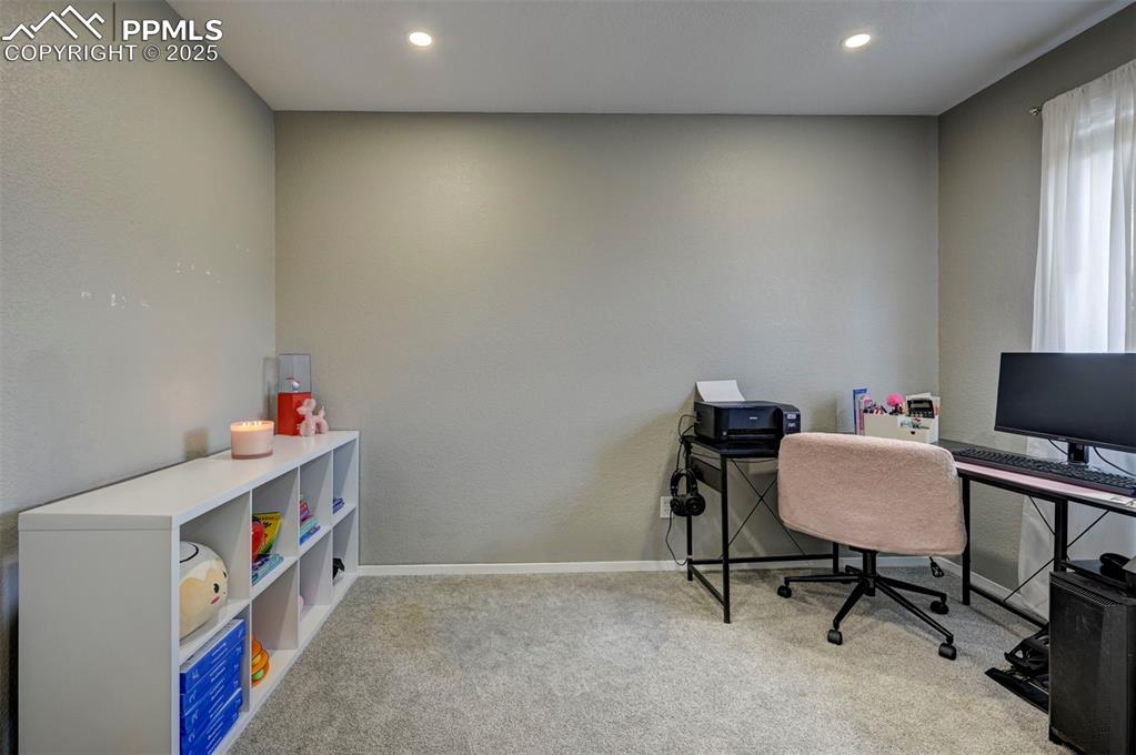 Image 22 of 33: Home office featuring carpet and recessed lighting