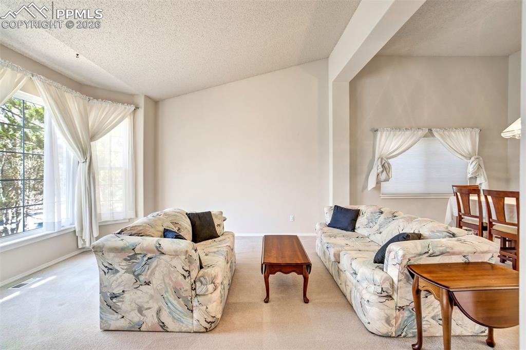 Image 10 of 44: Spacious room featuring vaulted ceilings and a large bay window
