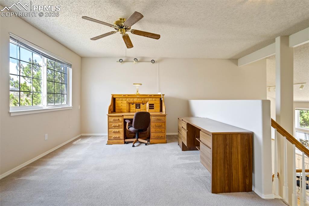 Image 27 of 44: Carpeted loft with a ceiling fan and track lighting