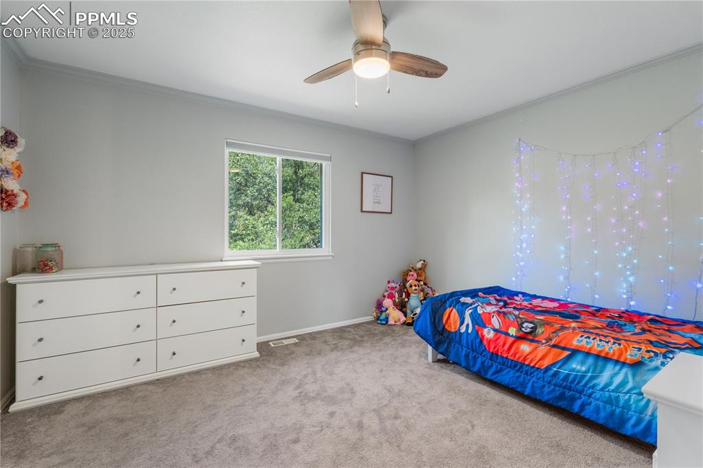 Image 30 of 50: Bedroom with ornamental molding, carpet floors, and ceiling fan