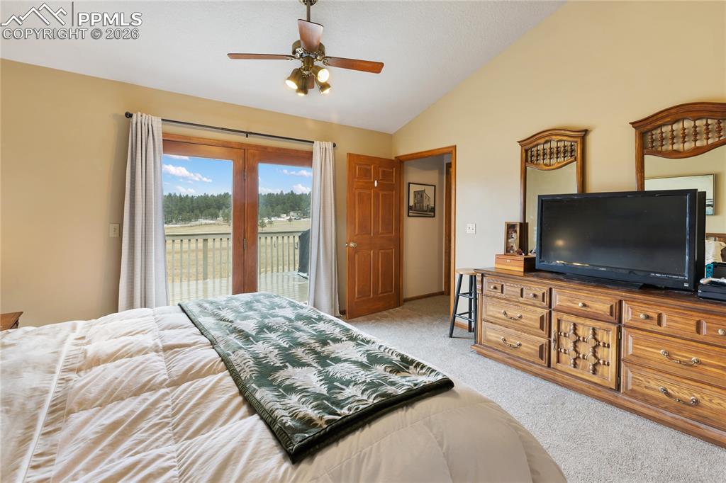 Image 11 of 42: The main bedroom has a vaulted ceiling with a rich wooden beam and a ceilin
