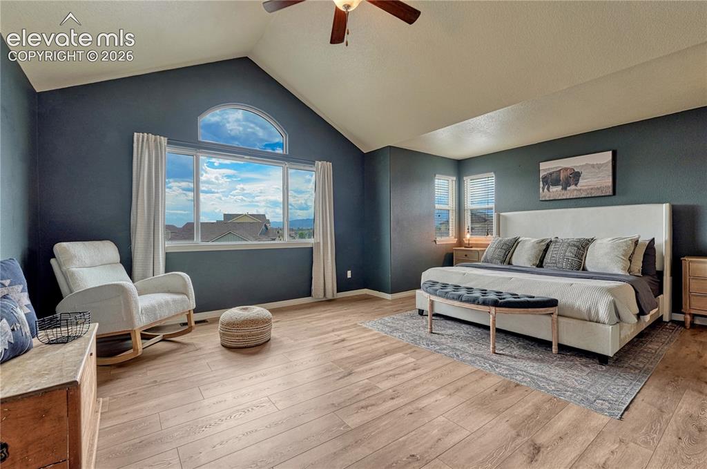 Image 15 of 50: Vaulted ceiling with a ceiling fan, arched transom window, large picture wi
