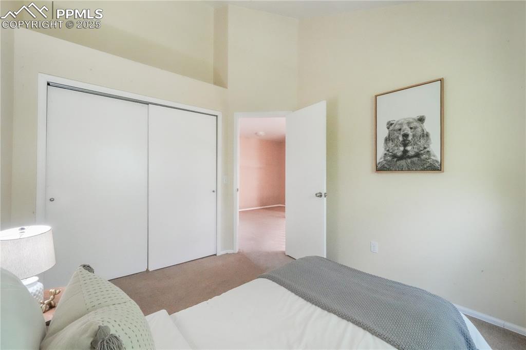 Image 28 of 47: Carpeted bedroom with a closet and a towering ceiling