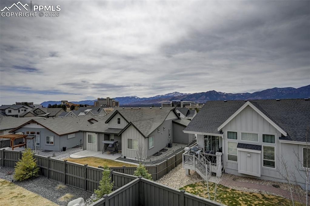 Image 37 of 41: Back of property with a residential view, roof with shingles, board and bat