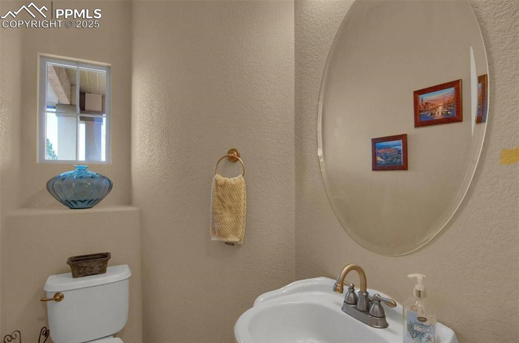 Image 18 of 42: Bathroom with toilet, a textured wall, and a sink