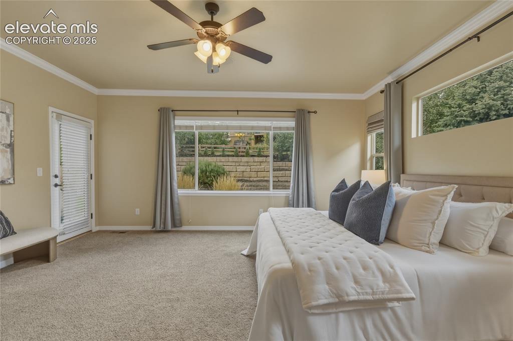 Image 18 of 49: Plush carpet flooring, crown molding, and a ceiling fan with integrated lig