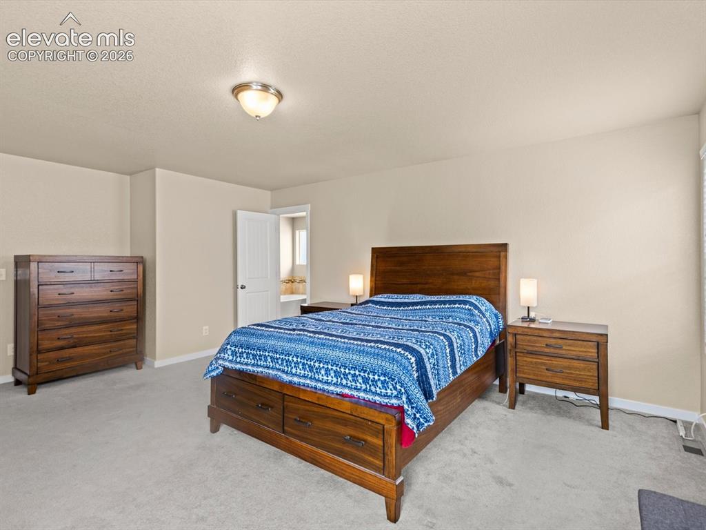 Image 27 of 45: Carpeted bedroom featuring light-toned wall paint and a flush-mount ceiling