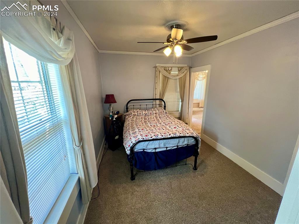 Image 11 of 18: Bedroom featuring ornamental molding, ceiling fan, and carpet floors