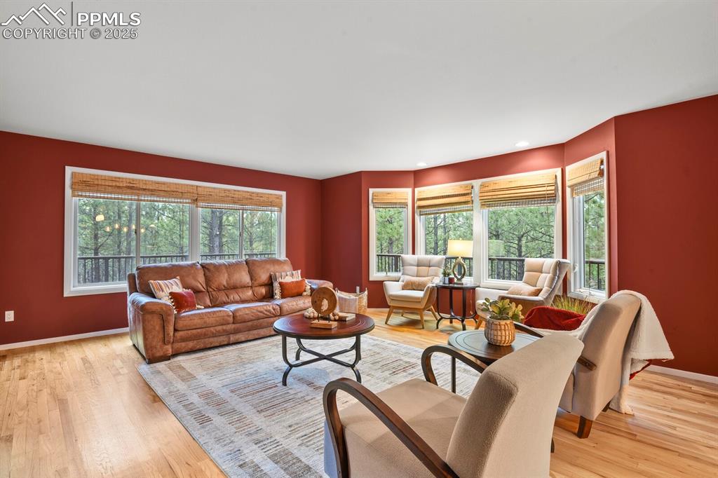 Image 12 of 50: Living room featuring light wood-style flooring and recessed lighting