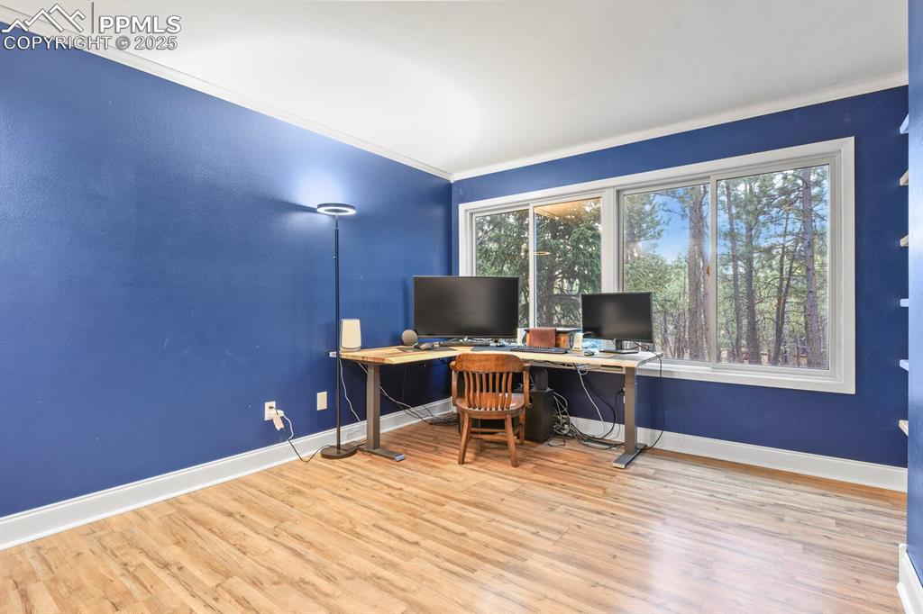 Image 16 of 50: Office with crown molding and wood finished floors