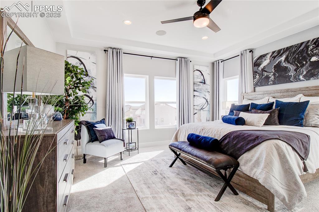 Image 10 of 19: Bedroom featuring a raised ceiling, multiple windows, light colored carpet,