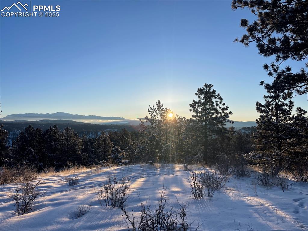 Image 19 of 22: Yard covered in snow featuring a mountain view