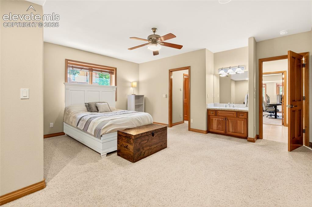Image 42 of 50: Spacious bedroom featuring neutral carpeting, a ceiling fan, and wood-trimm