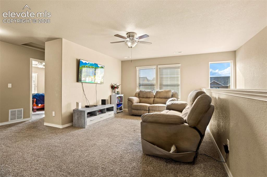 Image 9 of 30: Carpeted living area with a ceiling fan, multiple windows, and a partial wa