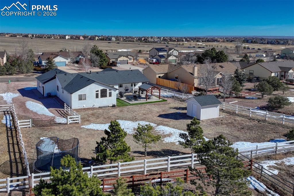 Image 39 of 42: Aerial view showing the spacious back yard & RV/boat storage