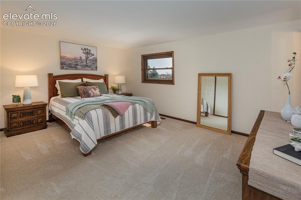 Image 31 of 50: Large en suite primary with brand new carpet and paint.