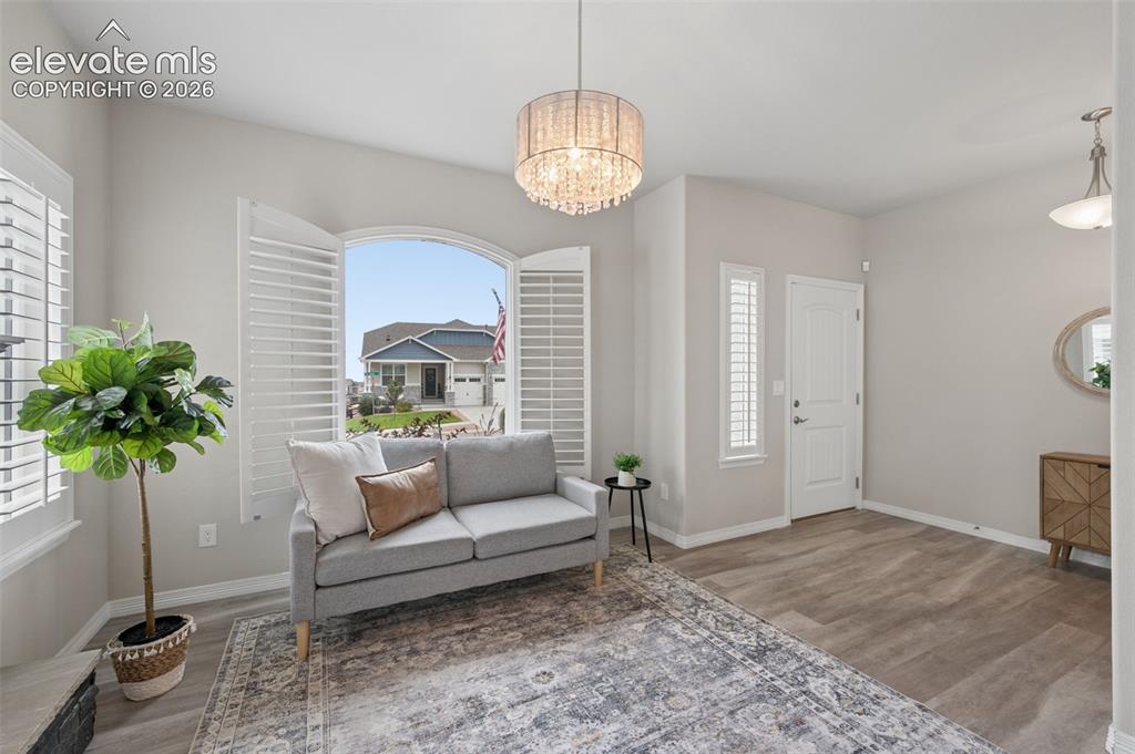 Image 14 of 43: Wood-finish flooring, white plantation shutters, arched window, and a decor