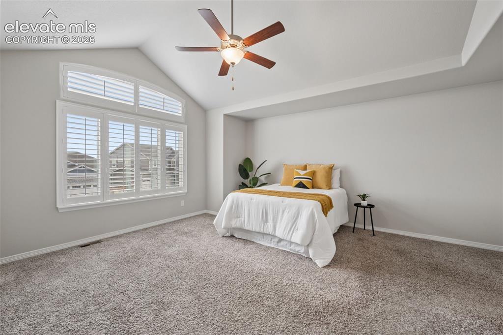 Image 16 of 43: Vaulted ceiling with a ceiling fan, tray ceiling detail, large window with