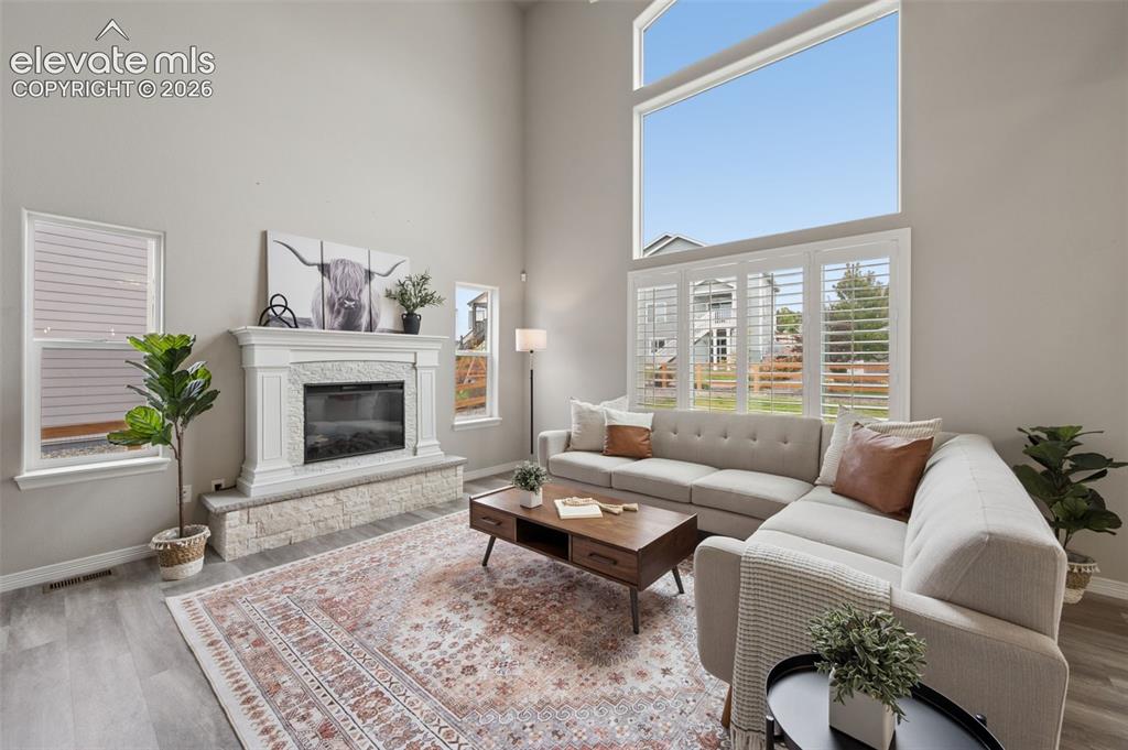 Image 9 of 43: Vaulted ceilings, a built-in fireplace with a stone surround, and wood-fini