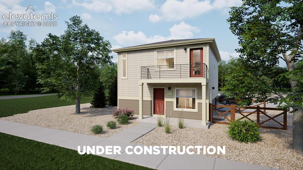 Image 1 of 25: Two-story residence featuring light-colored siding and a dark roofline