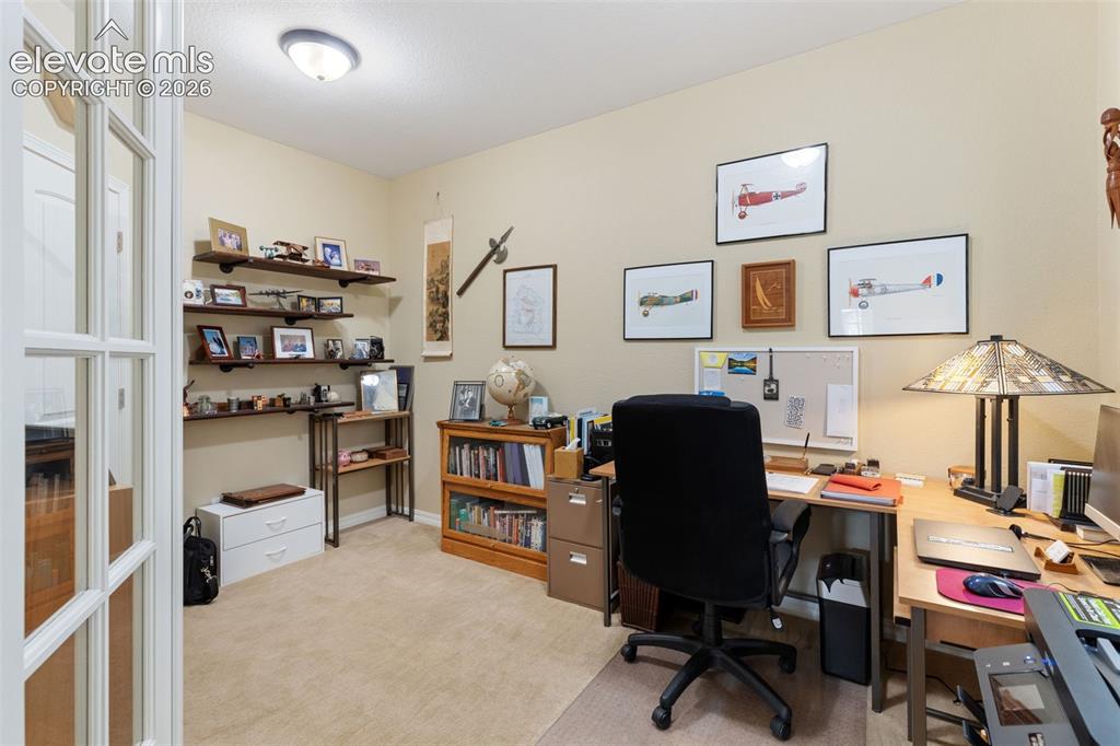 Image 27 of 28: Carpeted room featuring French doors, built-in floating shelves and closet.