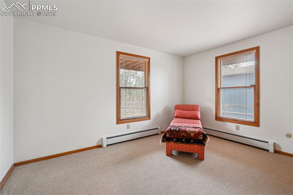 Image 45 of 49: Living area with a baseboard radiator and carpet floors