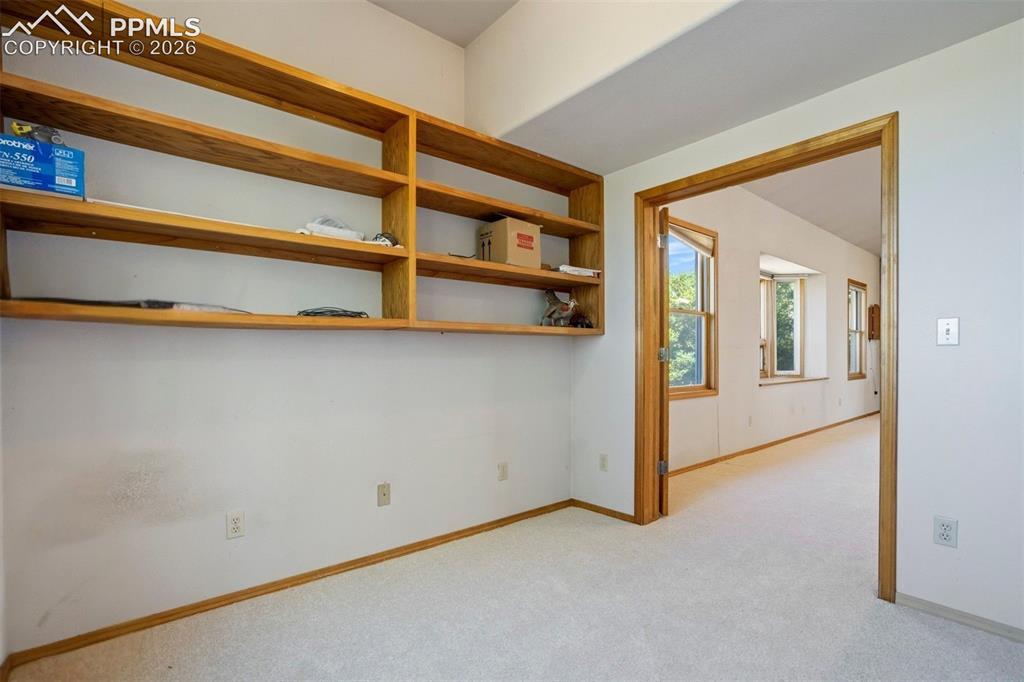 Image 23 of 50: Built-in wood shelving with light-toned wood trim and neutral carpeting