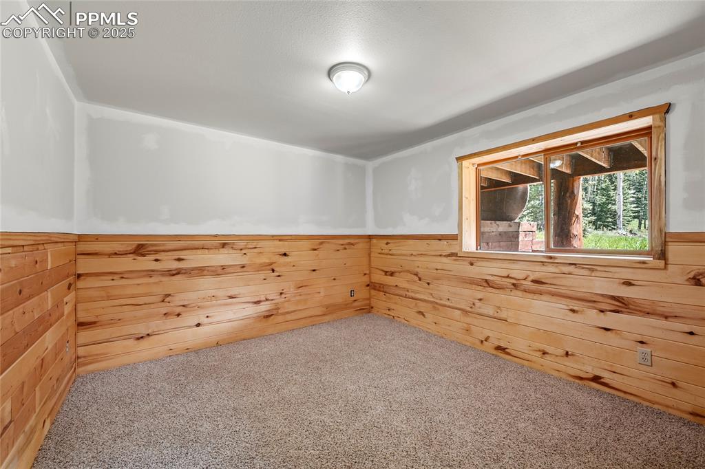 Image 36 of 50: Empty room featuring carpet, wooden walls, and wainscoting