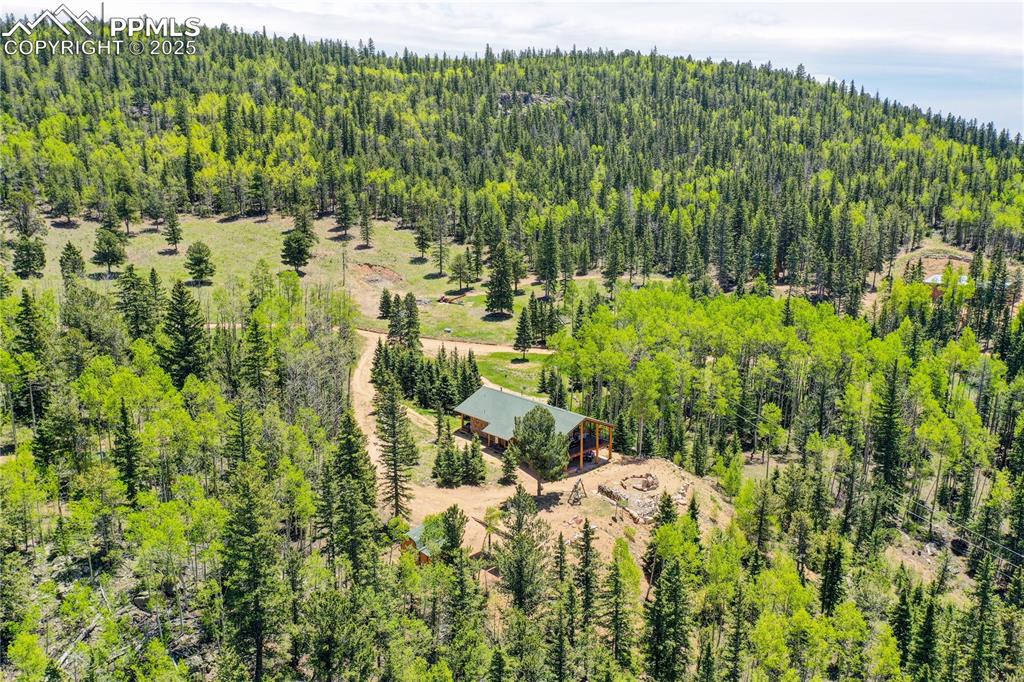 Image 4 of 50: Birds eye view of property featuring a wooded view