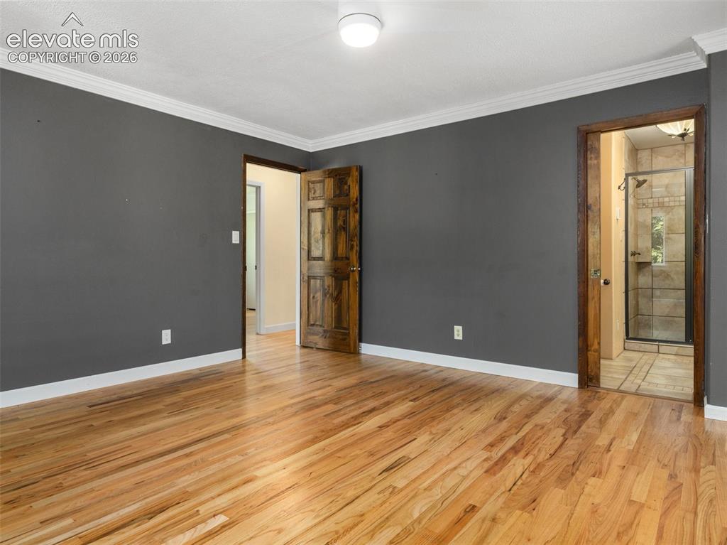 Image 14 of 35: Spacious interior room featuring wood-finish flooring, dark accent walls, a
