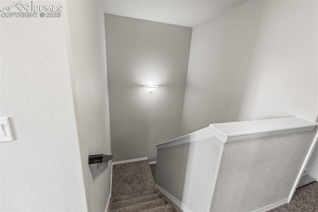 Image 31 of 48: Stairway featuring carpet floors and baseboards
