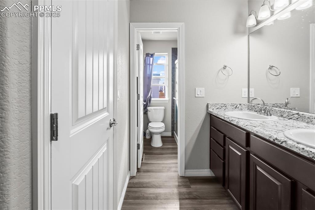 Image 36 of 48: Bathroom with dark wood-style floors, a shower with curtain, and double van