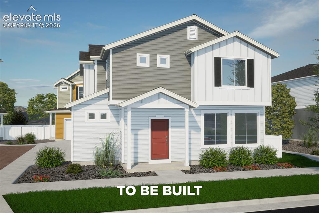 Image 1 of 24: Two-story home with a multi-textured facade, gabled rooflines, and a covere