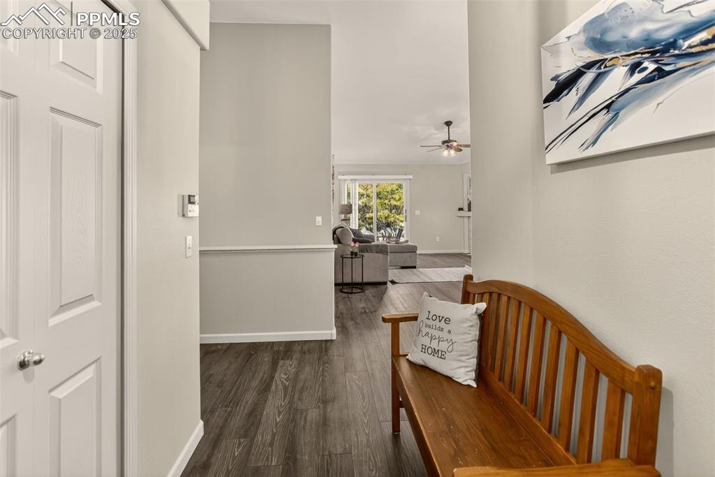 Image 6 of 38: Corridor with dark wood LVP finished floors and baseboards