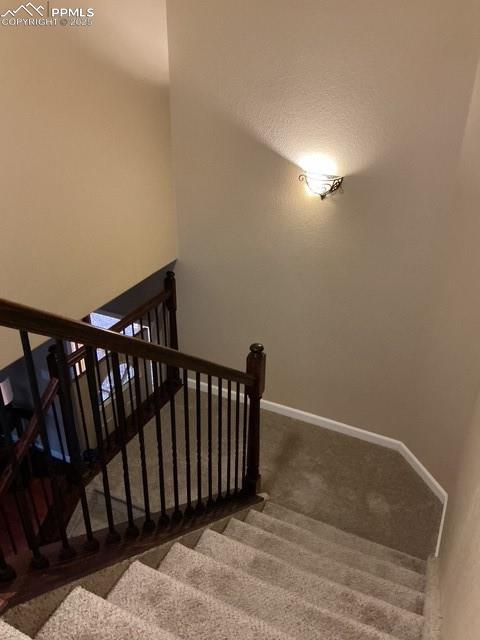 Image 27 of 29: Staircase with carpet and a textured wall
