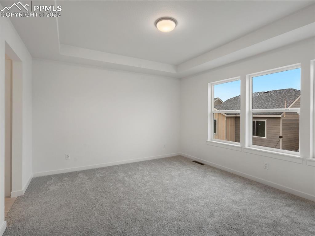 Image 16 of 32: Carpeted spare room featuring a tray ceiling and baseboards