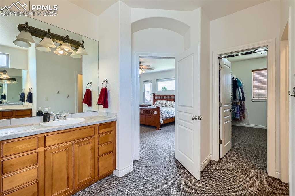 Image 15 of 28: 5-piece ensuite master bathroom with vanity, carpet floors, walk-in closet