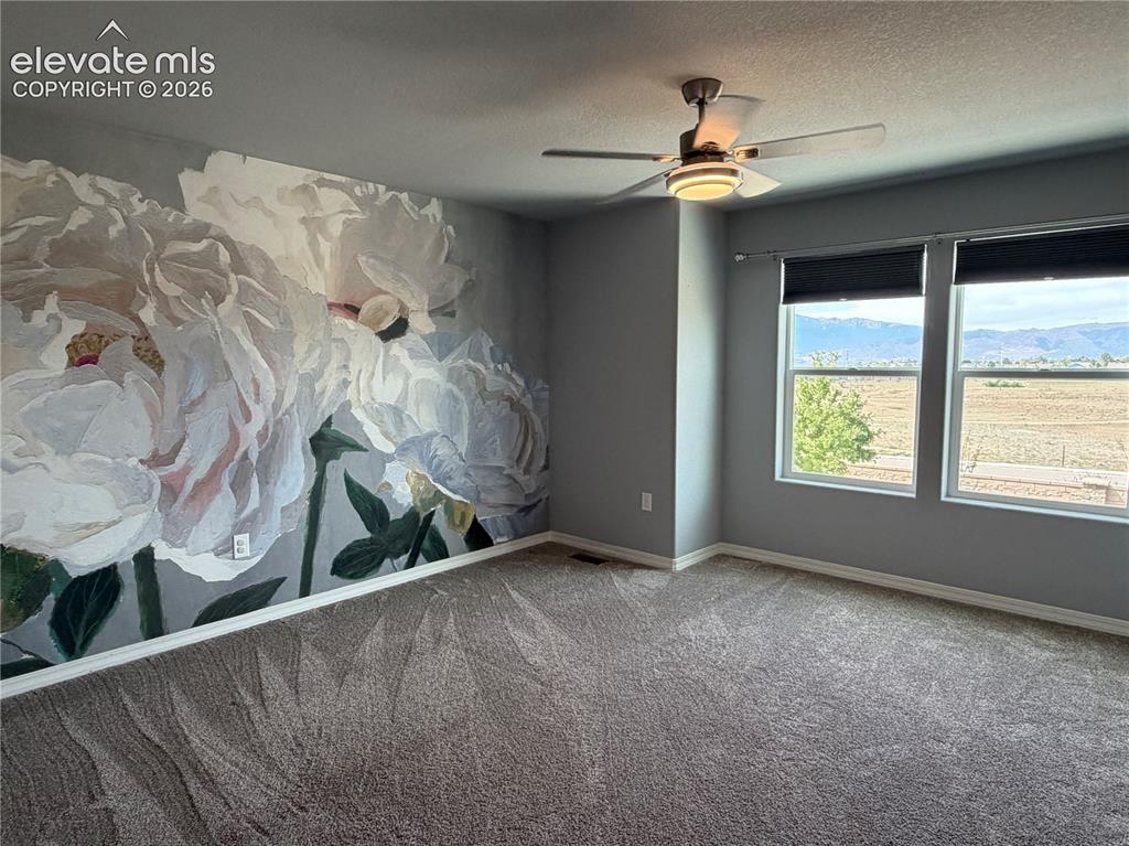 Image 11 of 24: Wall-to-wall carpeting, two large windows, and a ceiling fan with integrate