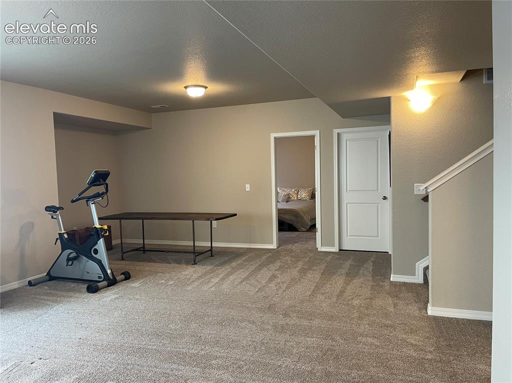 Image 16 of 25: Exercise area featuring a textured ceiling and carpet flooring