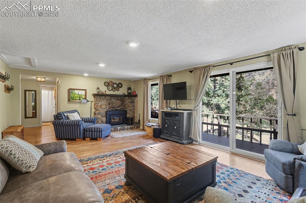 Image 18 of 33: Living area with hardwood floors, walkout door to patio, and a fireplace 