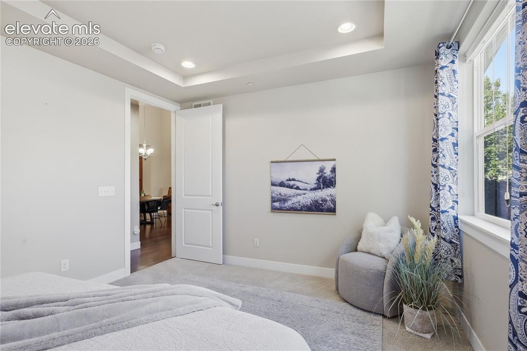 Image 16 of 28: Recessed lighting, tray ceiling, neutral wall paint, carpet flooring, and a